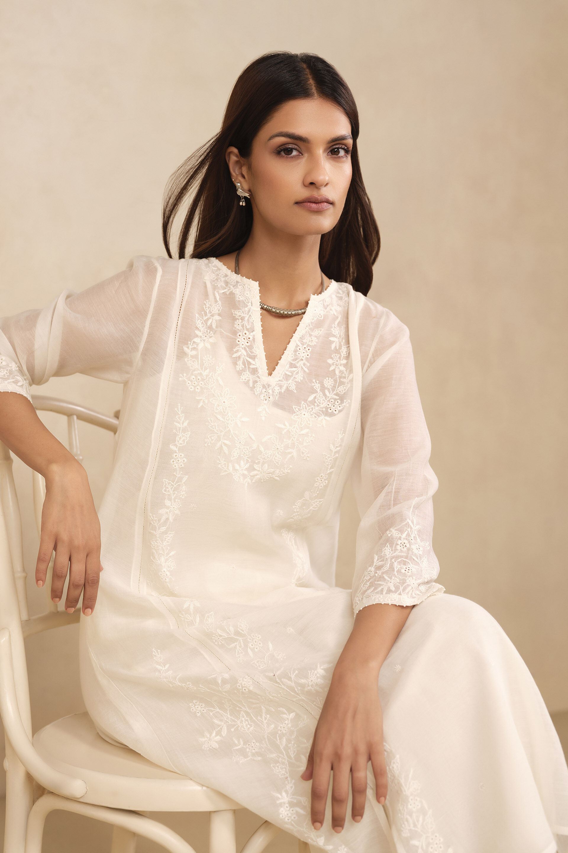 Haiku Chikankari Hand-embroidered Mul Kurta Set - Ivory, Ivory, image 4